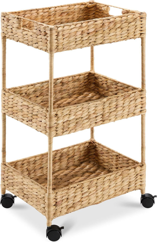 3-Tier Water Hyacinth Rolling Nursery Caddy W/Wheels, Utility Cart, Storage Organization for Bathroom, Craft Room, Laundry Room - Natural