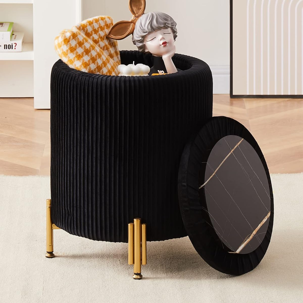 Round Ottoman Foot Stool with Storage and Metal Legs for Living Room Bedroom, Velvet Upholstered Footrest Stool Support 300lbs Modern Padded Seat Ottoman Coffee Table (Black)