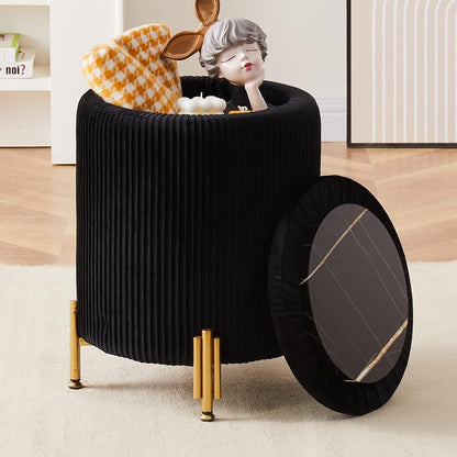 Round Ottoman Foot Stool with Storage and Metal Legs for Living Room Bedroom, Velvet Upholstered Footrest Stool Support 300lbs Modern Padded Seat Ottoman Coffee Table (Black)
