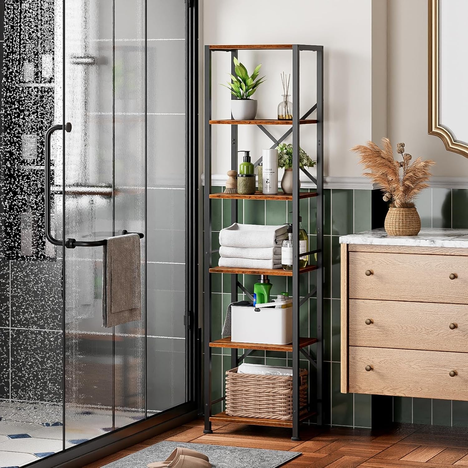 6 Tier Tall Bookshelf, Industrial Narrow Bookcase, Display Standing Shelf Units, Metal and Wood Storage Rack Organizer for Living Room, Home Office, Entryway, Kitchen, Rustic Brown