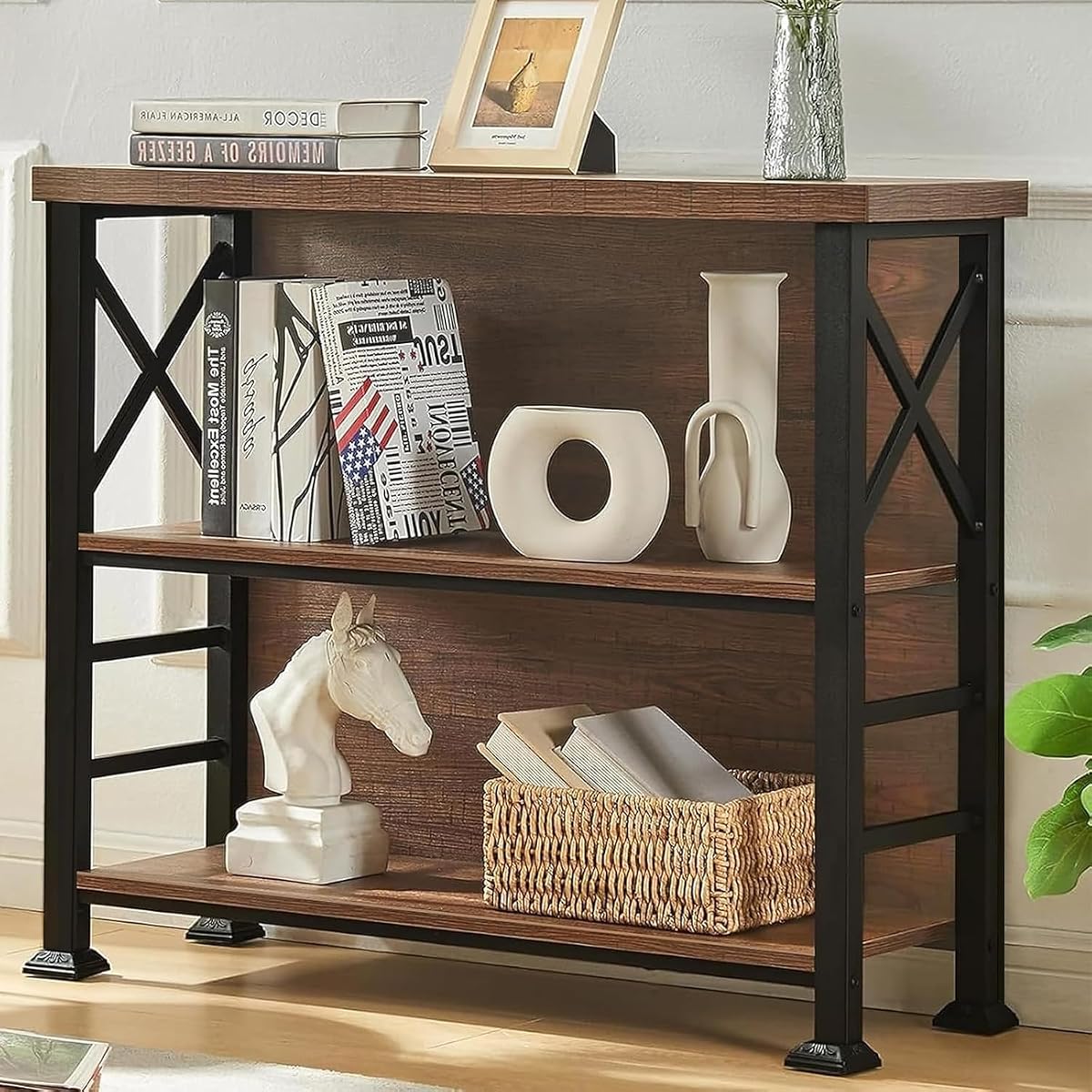 3-Tier Small Bookshelf, 35.4 Inch Short Book Shelf with Sturdy Metal Frame & Wood Shelves, Rustic Brown Industrial Bookcase for Living Room, Bedroom, Office