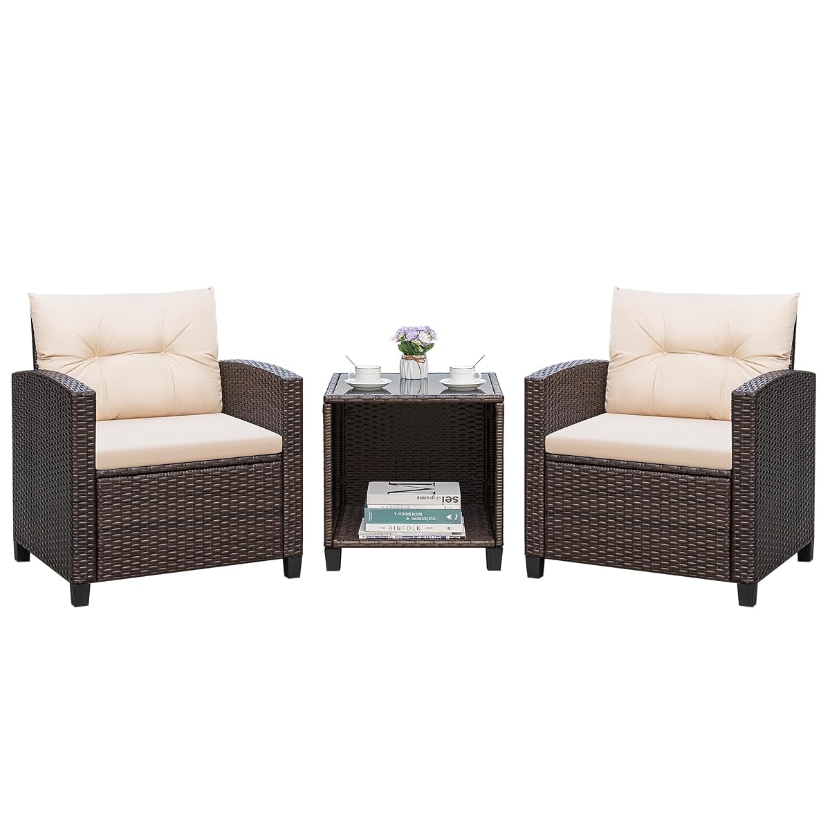3 Pieces Patio Furniture Sets Outdoor PE Rattan Wicker Chairs with Soft Cushion and Glass Coffee Table for Garden Backyard Porch Poolside, Beige
