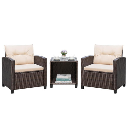 3 Pieces Patio Furniture Sets Outdoor PE Rattan Wicker Chairs with Soft Cushion and Glass Coffee Table for Garden Backyard Porch Poolside, Beige