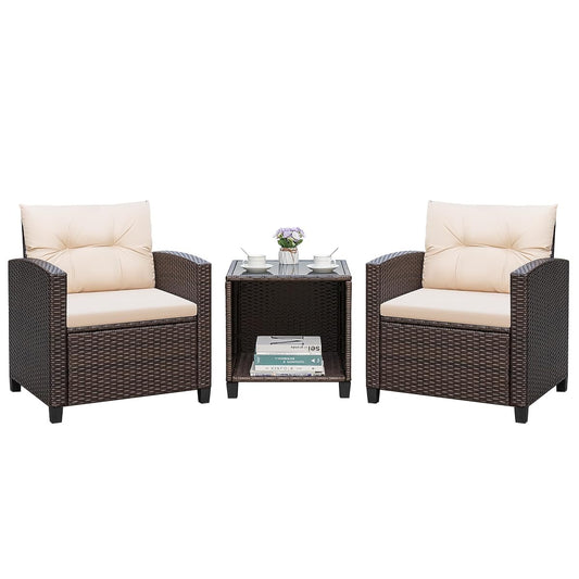 3 Pieces Patio Furniture Sets Outdoor PE Rattan Wicker Chairs with Soft Cushion and Glass Coffee Table for Garden Backyard Porch Poolside, Beige