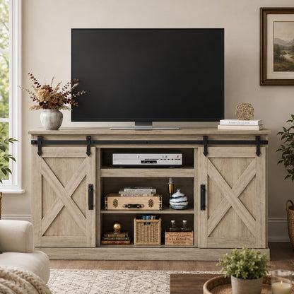 Farmhouse TV Stand for 65 Inch TV, Sliding Barn Doors, Grey Oak