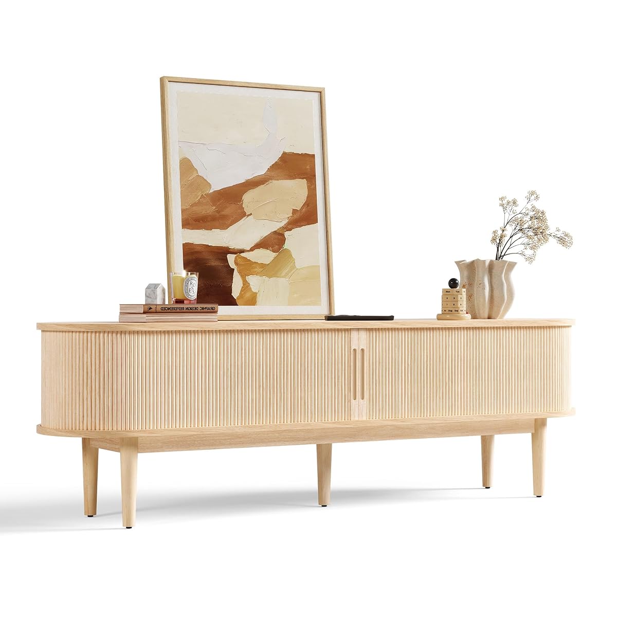 Fluted TV Stand for 75" TV, Mid-Century Modern 70" Entertainment Center with Sliding Tambour Door and Storage Cabinet, Cruved TV Media Console Table for Living Room, Bedroom, Oak