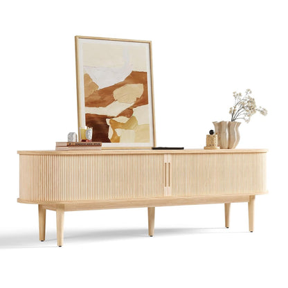 Fluted TV Stand for 75" TV, Mid-Century Modern 70" Entertainment Center with Sliding Tambour Door and Storage Cabinet, Cruved TV Media Console Table for Living Room, Bedroom, Oak