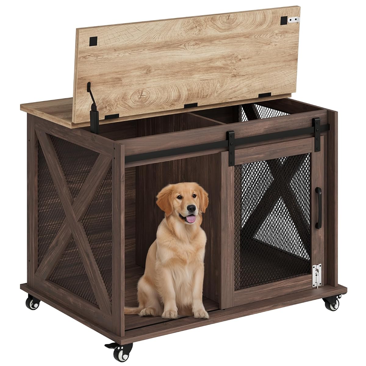 Modern Farmhouse Wooden Dog Crate Furniture with Sliding Barn Door, Turn Top