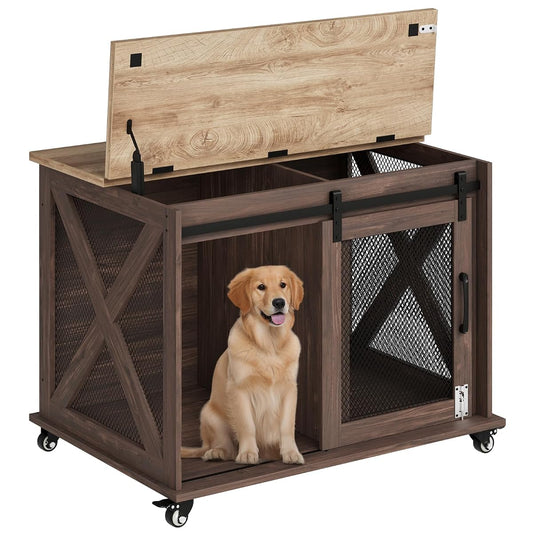 Modern Farmhouse Wooden Dog Crate Furniture with Sliding Barn Door, Turn Top