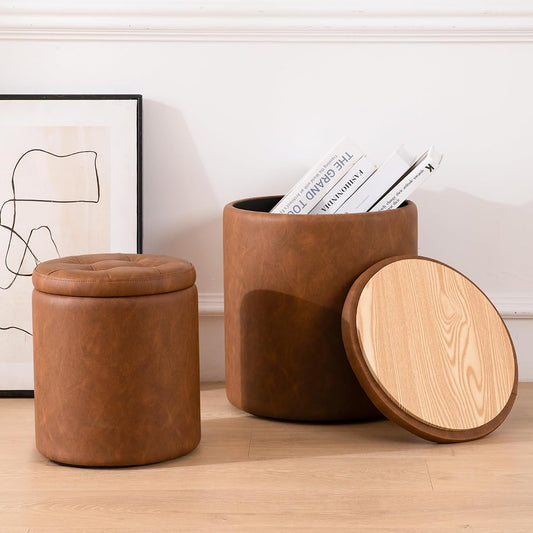 Leather Storage Ottoman Round, Foot Stool with Storage for Living Room