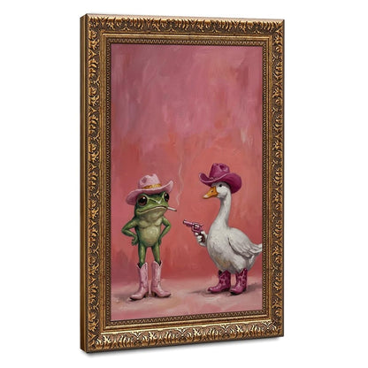 Whimsical Pink Cowboy Frog and Duck Poster Cute Western Animal Wall Art | Funny Trendy Cowgirl Aesthetic Picture Cozy Room Vibe Mood Booster Decor