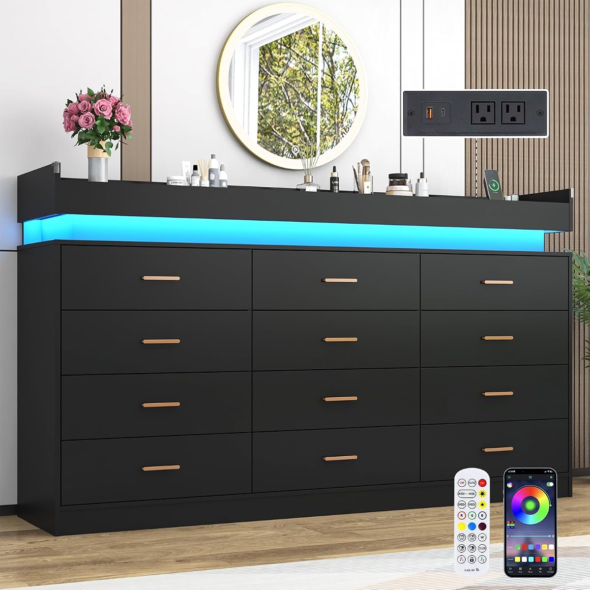 12 Drawer Dresser with LED Light and Charging Station