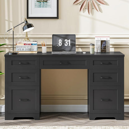 Farmhouse 61'' Executive Desk with 7 Drawers, Rustic Office Desk Computer Table with File Drawers, Wood Workstation for Study and Home Office,Pure Black