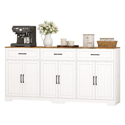 71" Farmhouse Sideboard Buffet Cabinet 3 Drawers & 6 Doors, White