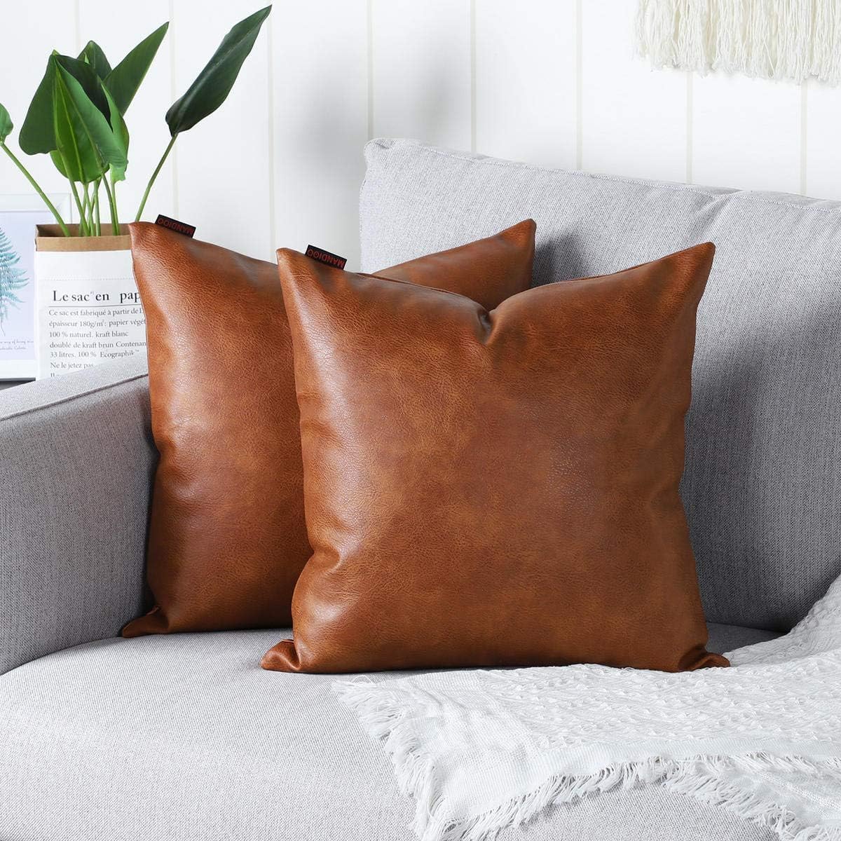 Set of 2 Faux Leather Decorative Throw Pillow Covers Modern Solid Outdoor Cushion Cases Luxury Pillowcases for Couch Sofa Bed 20x20 Inches Brown