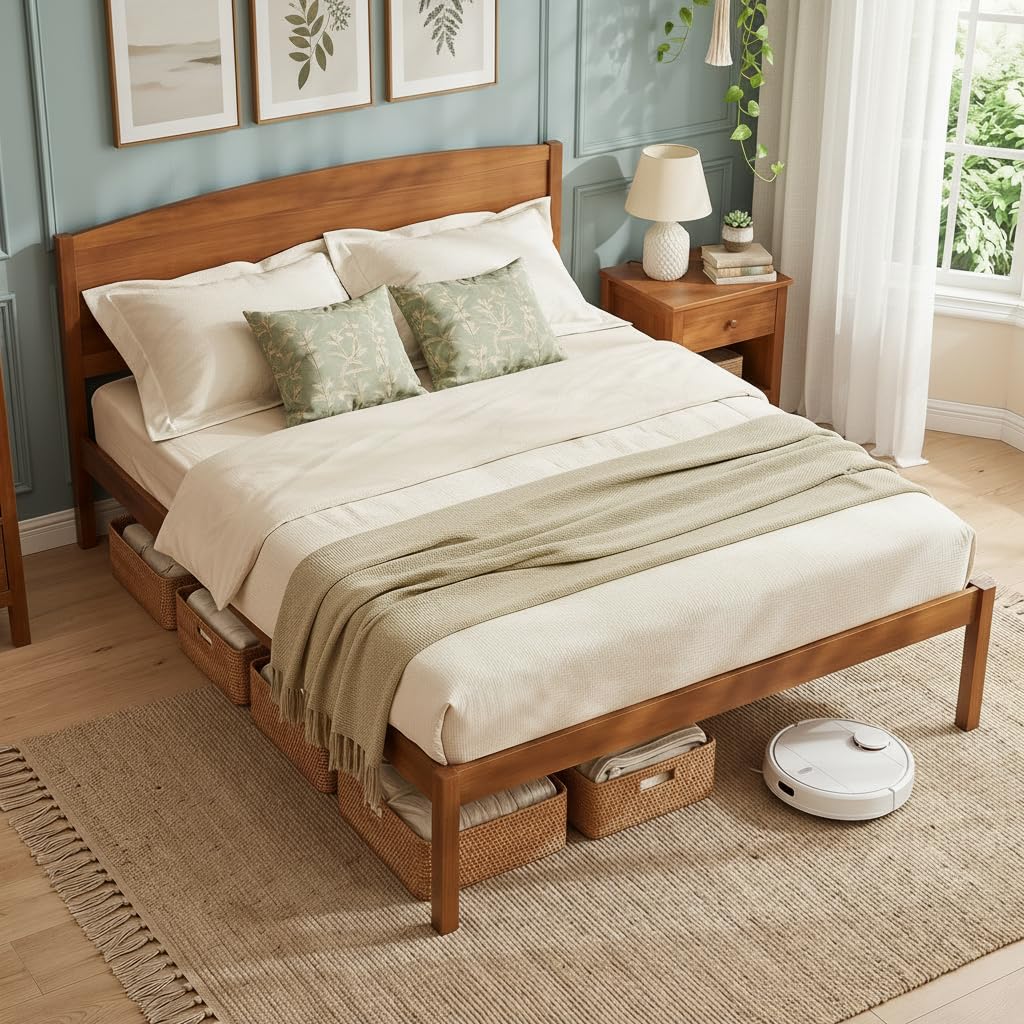Queen Size Bed Frame, Wooden Platform Bed with Curved Headboard