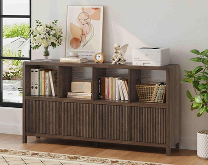 8 Cube Storage Organizer Bookshelf with Storage, Horizontal Bookcase with 4 Doors, Long Wooden Book Shelf for Living Room, Home Office (Dark Walnut)