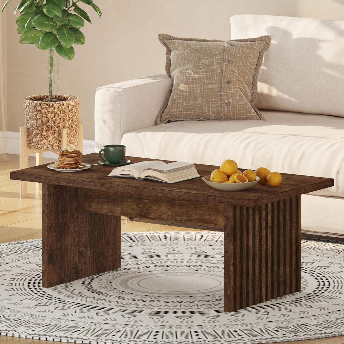 Coffee Table for Living Room, 43Inch Farmhouse Wood Center Table, Rectangle Mid-Century Living Room Tables, Unique Fluted Panel Coffee Tables (Rustic Oak)
