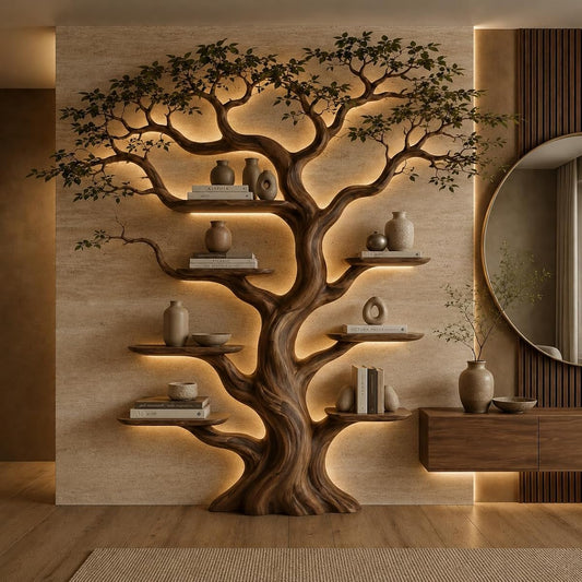 Handcrafted Live Edge Tree Branch With Leaves Shelf, Rustic Natural Wood Bookshelf for Living Room Bedroom, Custom Wood Wall Shelf with Multi-Tier Display Storage, Custom Size & Color (Sylvan Glow)
