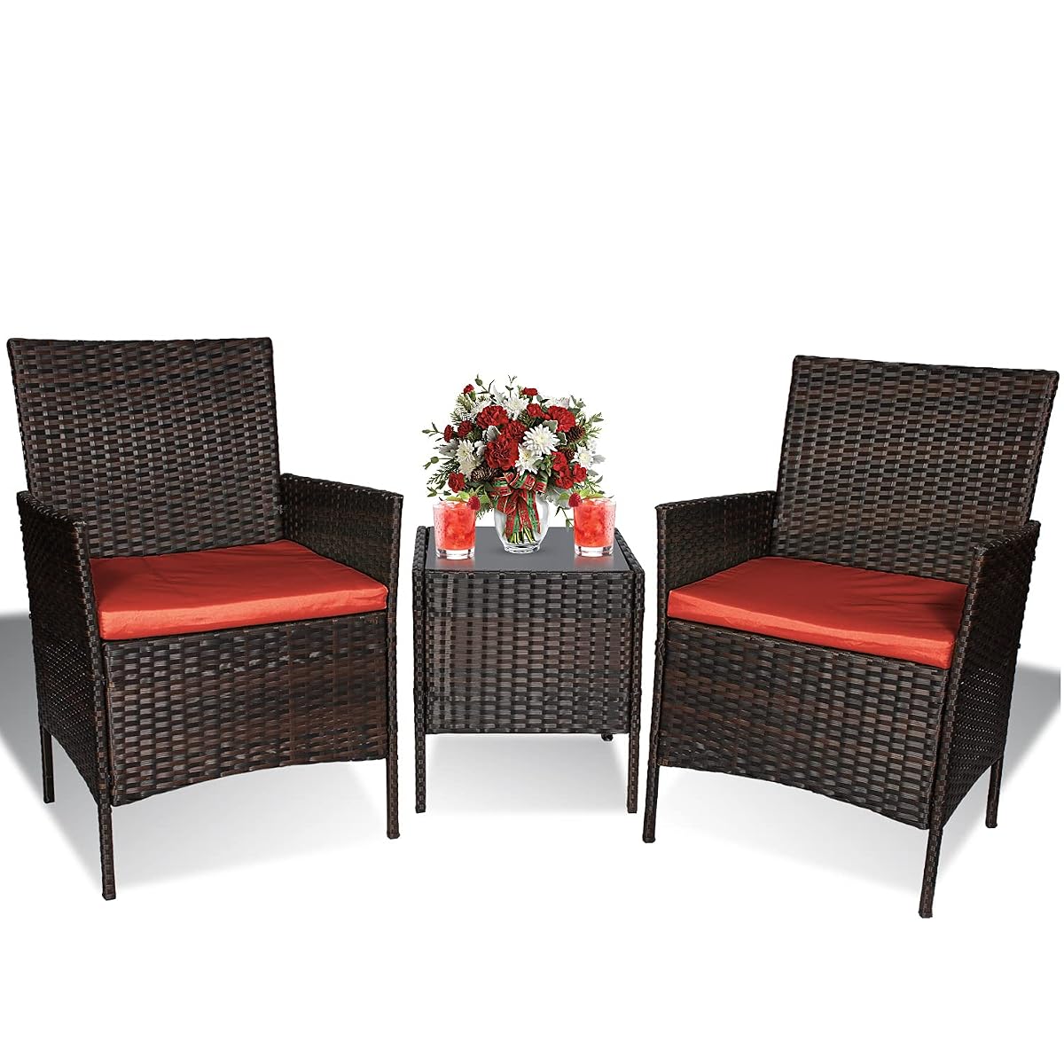 Fine Style 3 Piece Patio Furniture Set,Outdoor Wicker Rattan Conversation Set,Porch PE Outdoor Set with Coffee Table, Chairs & Thick Cushions, for Garden Lawn Backyard Pool (Brown-Rust)