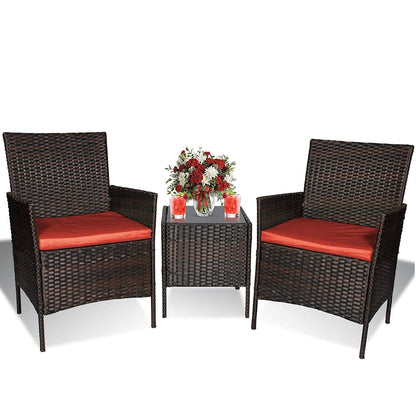 Fine Style 3 Piece Patio Furniture Set,Outdoor Wicker Rattan Conversation Set,Porch PE Outdoor Set with Coffee Table, Chairs & Thick Cushions, for Garden Lawn Backyard Pool (Brown-Rust)