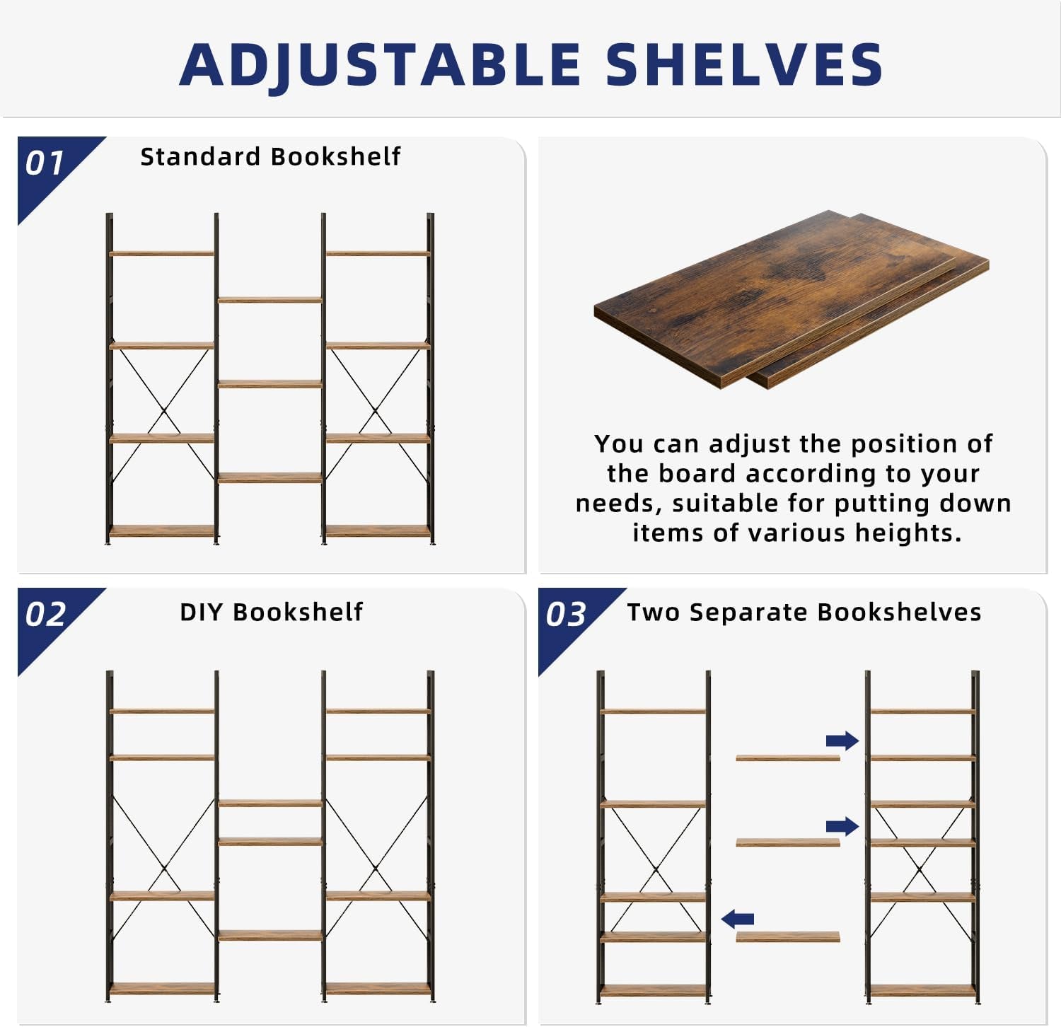 Triple Column 4 Tier Bookshelf, Bookcase with 11 Open Display Shelves, Adjustable Rustic Industrial Style Book Shelves, Modern Bookshelves for Bedroom, Living Room and Home Office, Vintage