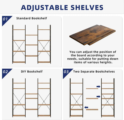 Triple Column 4 Tier Bookshelf, Bookcase with 11 Open Display Shelves, Adjustable Rustic Industrial Style Book Shelves, Modern Bookshelves for Bedroom, Living Room and Home Office, Vintage
