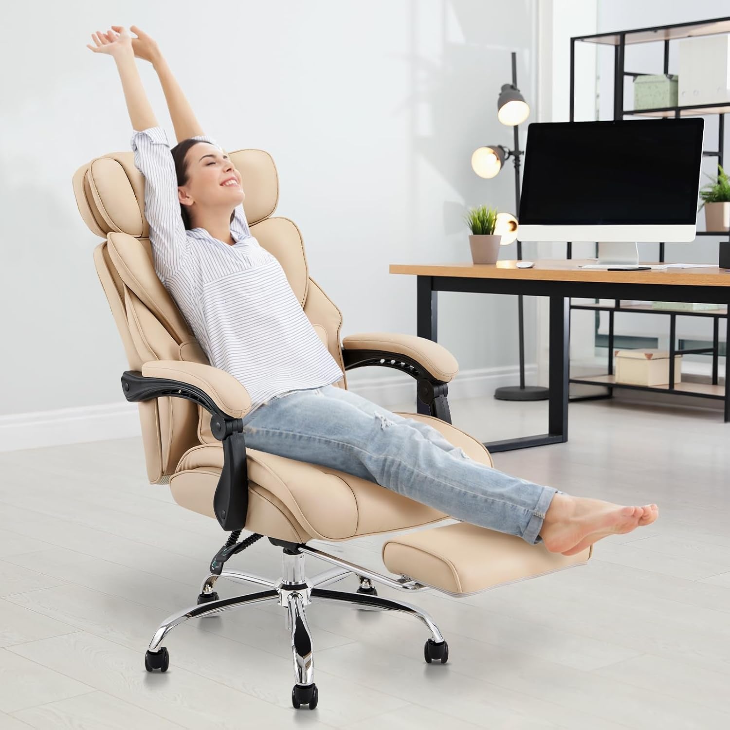 Office Chair with Retractable Footrest, Ergonomic High Back Design Executive Computer Desk Chair with Removable Lumbar Pillow, 90-135°Reclining, Thick Bonded Leather for Home Office Work, Khaki