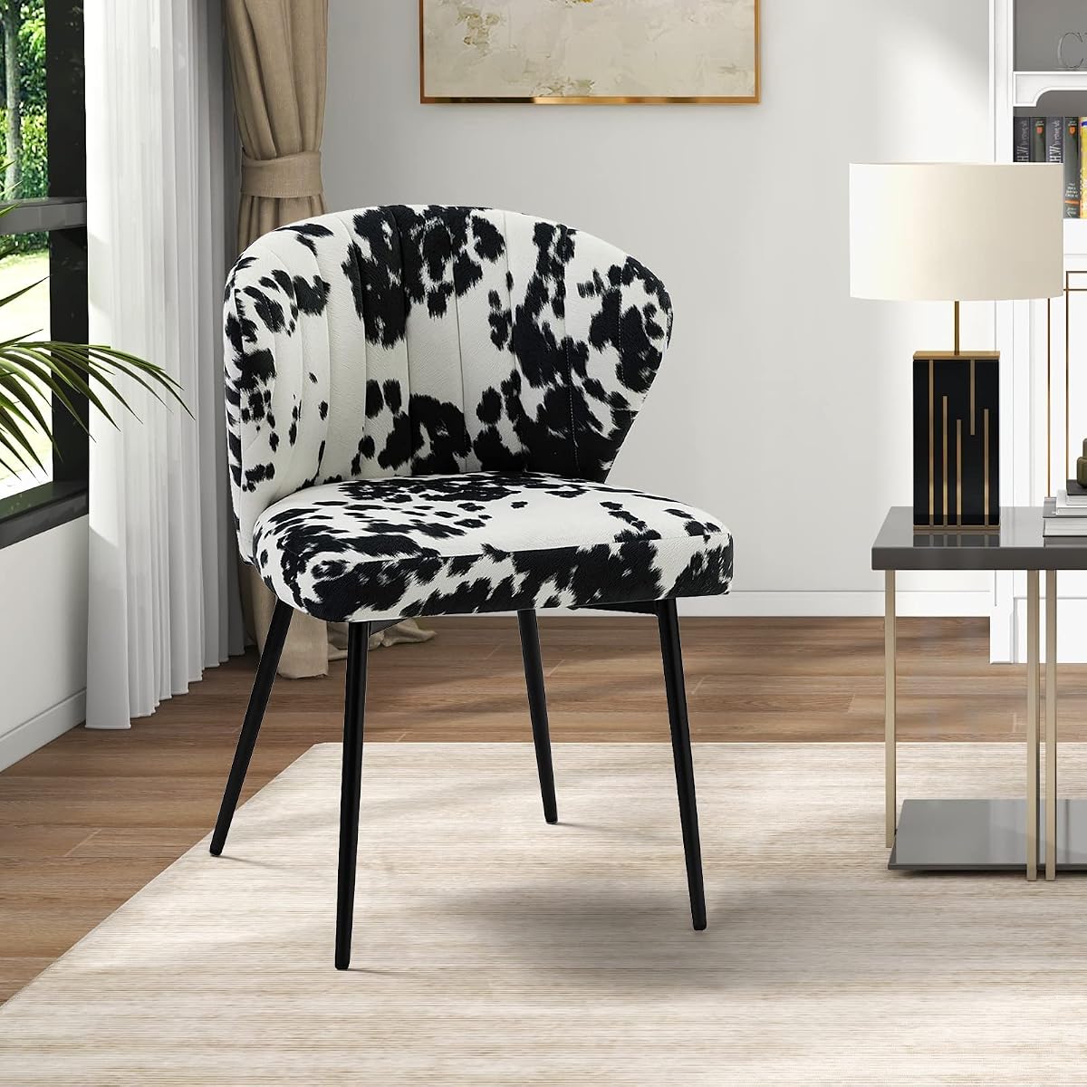 Modern Dining Chairs, Small Cute Armless Accent Chair, Upholstered Side Chair with Black Metal Legs, Tufted Back Vanity Chair for Bedroom/Dining Room/Beauty Room-Animal Print Black