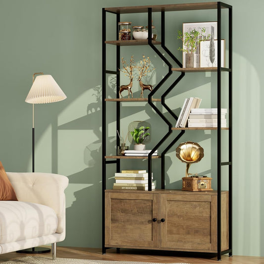 76" Tall Industrial Bookshelf with Storage Cabinet, 6-Tier Rustic Brown Bookcase with Doors, Heavy Duty Geometric Display Shelf for Home Office, Living Room, Study Room, Vintage Wood & Black