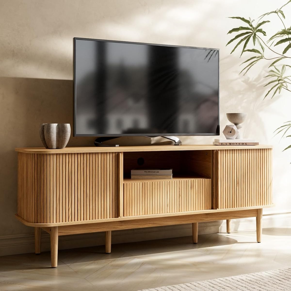 Modern TV Stand for 45/55/70 inch TV, Entertainment Center with Sliding Doors and Storage, Wood TV Stand for Bedroom, Living Room, Natural
