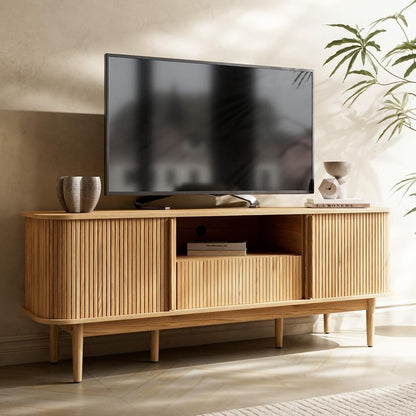 Modern TV Stand for 45/55/70 inch TV, Entertainment Center with Sliding Doors and Storage, Wood TV Stand for Bedroom, Living Room, Natural