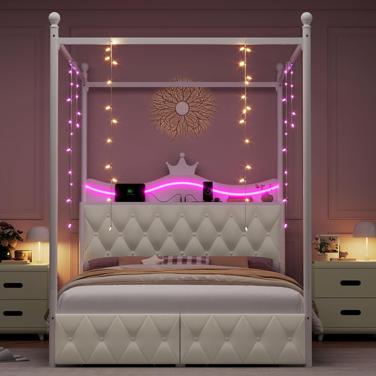 Full Size Upholstered LED Canopy Bed Frame with Charging Station and Drawer