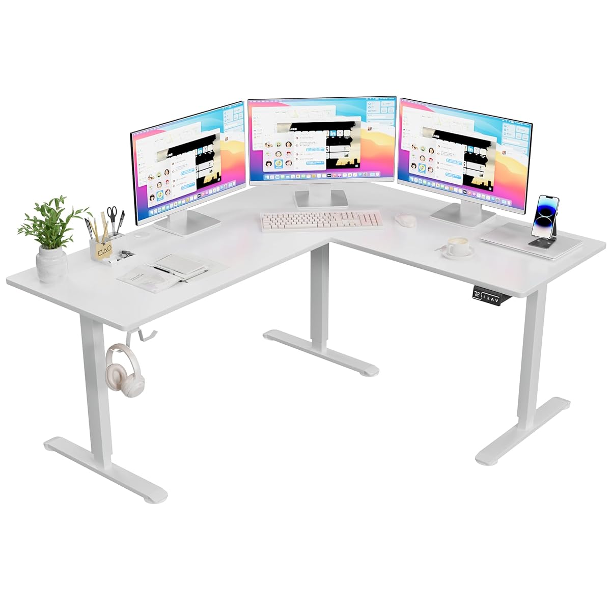 63 x 55 Inch L Shaped Standing Desk with 2 Preset Heights, Electric Height Adjustable Computer Table, 2 Hooks & Feet Balance, Corner Sit Stand Desk for Home Office (White, 63 x 55 Inch)