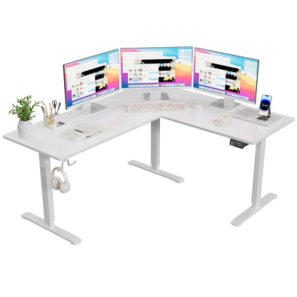 63 x 55 Inch L Shaped Standing Desk with 2 Preset Heights, Electric Height Adjustable Computer Table, 2 Hooks & Feet Balance, Corner Sit Stand Desk for Home Office (White, 63 x 55 Inch)