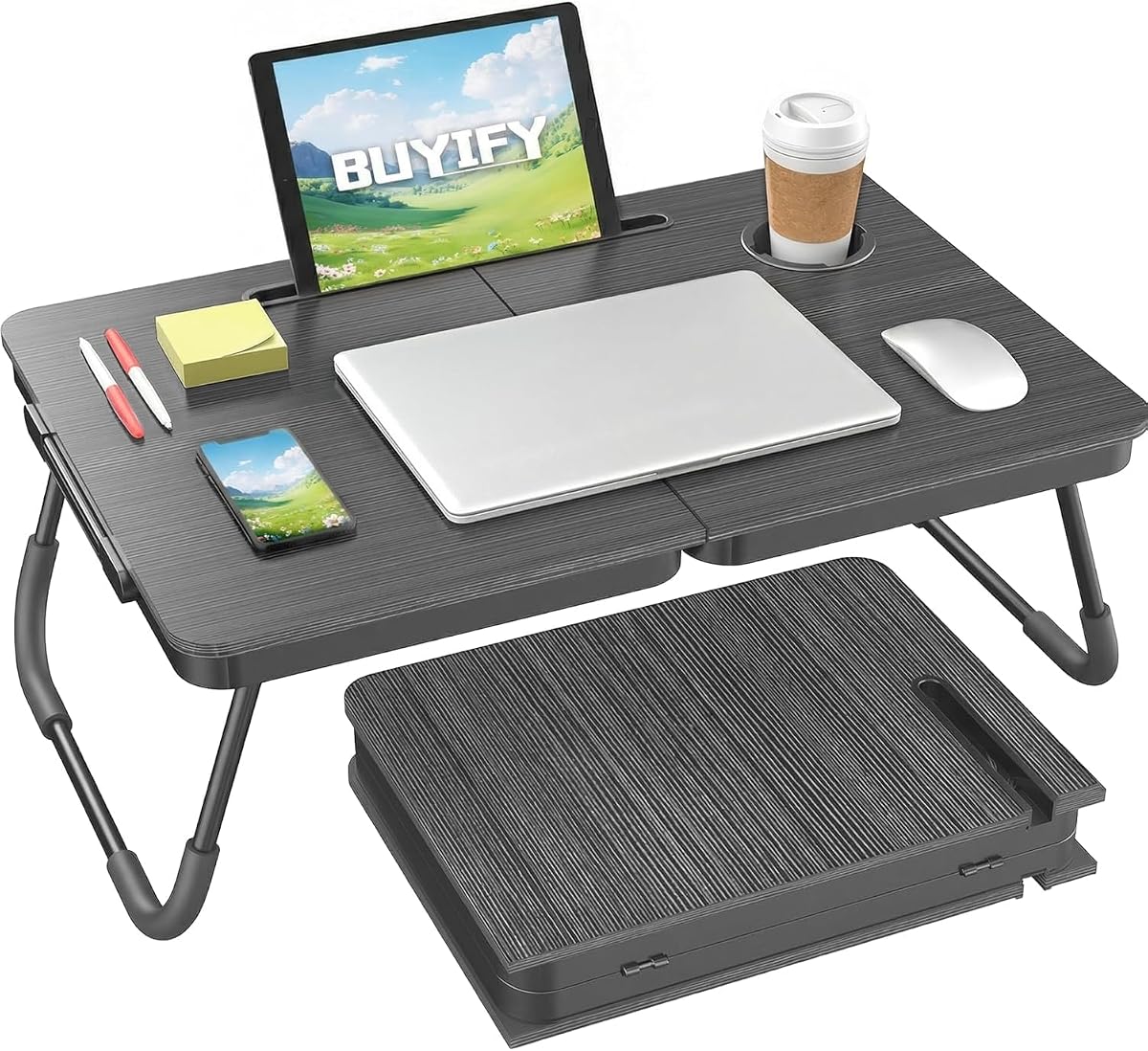 23.4" Foldable Lap Desk Bed Table with Cup Holder Tray Charcoal