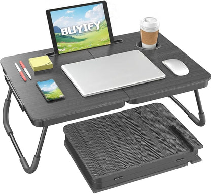 23.4" Foldable Lap Desk Bed Table with Cup Holder Tray Charcoal