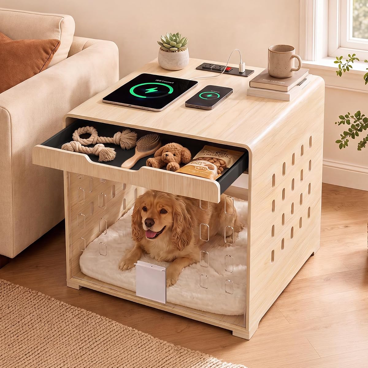 Modern Dog Crate Furniture Wooden Kennel with Charging Station End Table