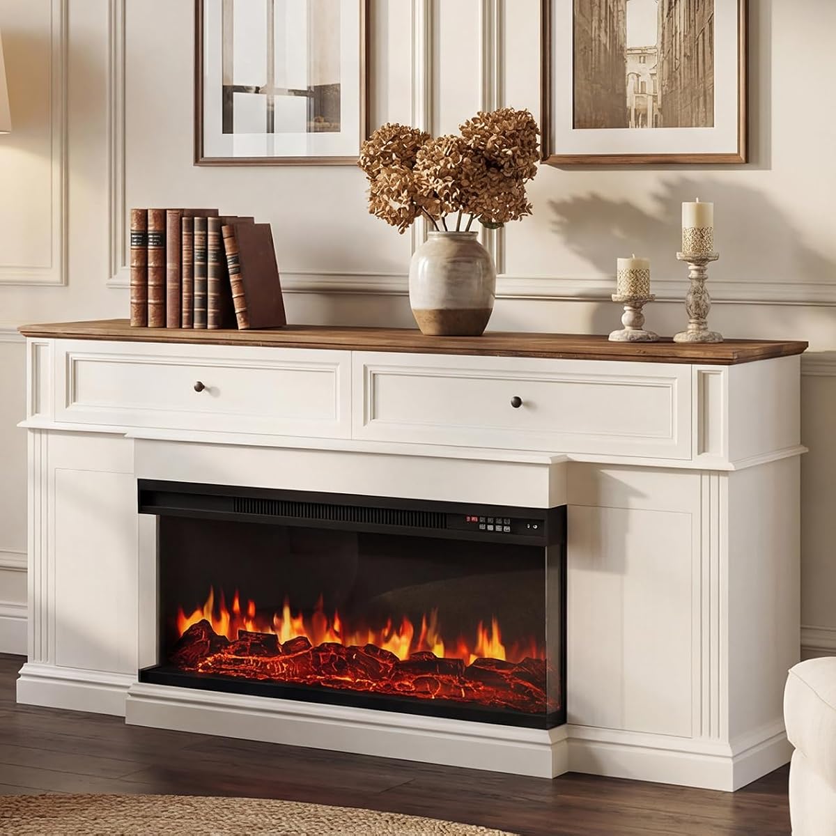 63“ Fireplace TV Stand with 3-Sided Electric Fireplace,Antique White
