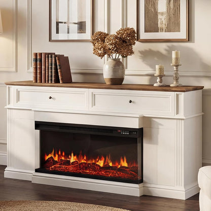 63“ Fireplace TV Stand with 3-Sided Electric Fireplace,Antique White
