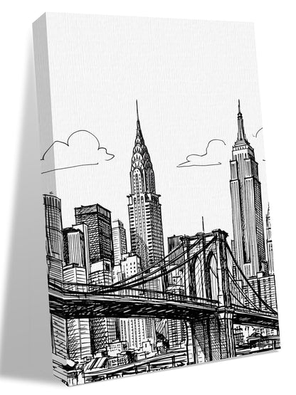 NuYeBiofx Modern Bridge Building Sketch Canvas Wall Art Prints,48"x32" Framed Picture Artwork Monochrome Architecture Art Printed Canvas Oil Painting for Living Room Bedroom Office,Ready to Hang