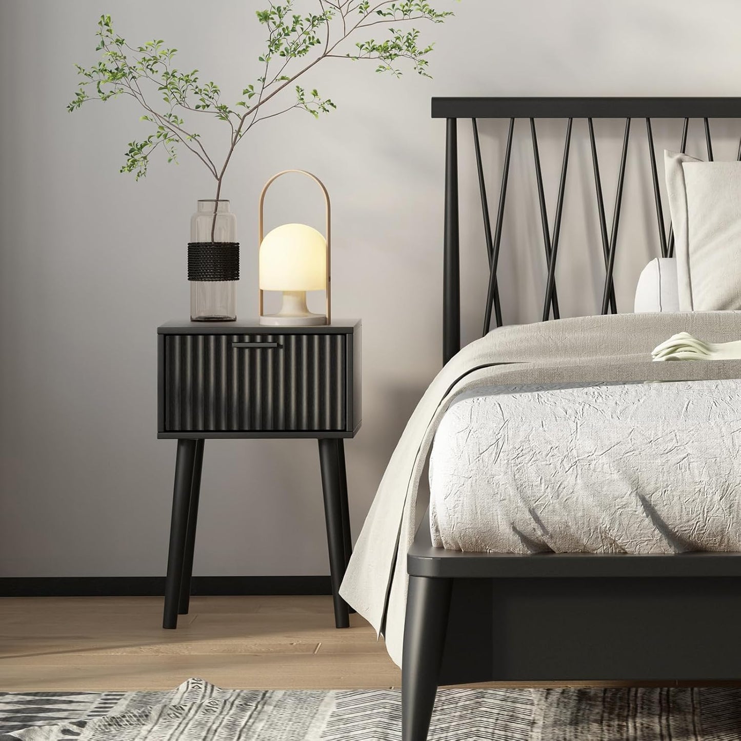 Nightstands Set of 2, Small Side Table, Bedside Table with Fluted Door, Solid Wood Feet; Modern Mid-Century End Table for Bedroom, Small Space (Black)