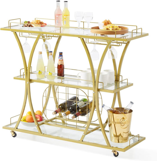 Bar Cart Gold, 3 Tiers Home Bar Serving Cart on Lockable Wheels, Rolling Alcohol Cart with Tempered Glass Shelves Guardrail Wine Rack, Modern Wine Cart for Home Kitchen Dining and Living Room