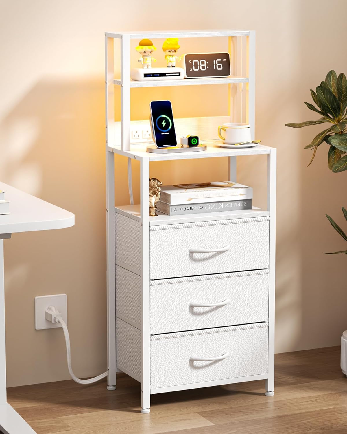 Night Stand, White Bedside Nightstand with 4-Tier Shelves and 3 Fabric Drawers, LED Bed Side Tables with Charging Station, Tall Dresser for Bedroom, Hallway, Office