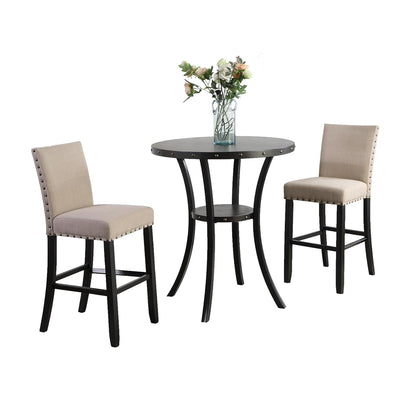 Biony 3 Piece Set - 36" Round Espresso Bar Table with Nail Head Stools, Tan
