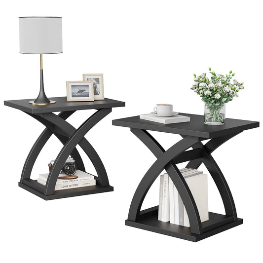 End Side Table Set of 2, Modern End Table with Storage Shelf, X-Design Side Table Living Room