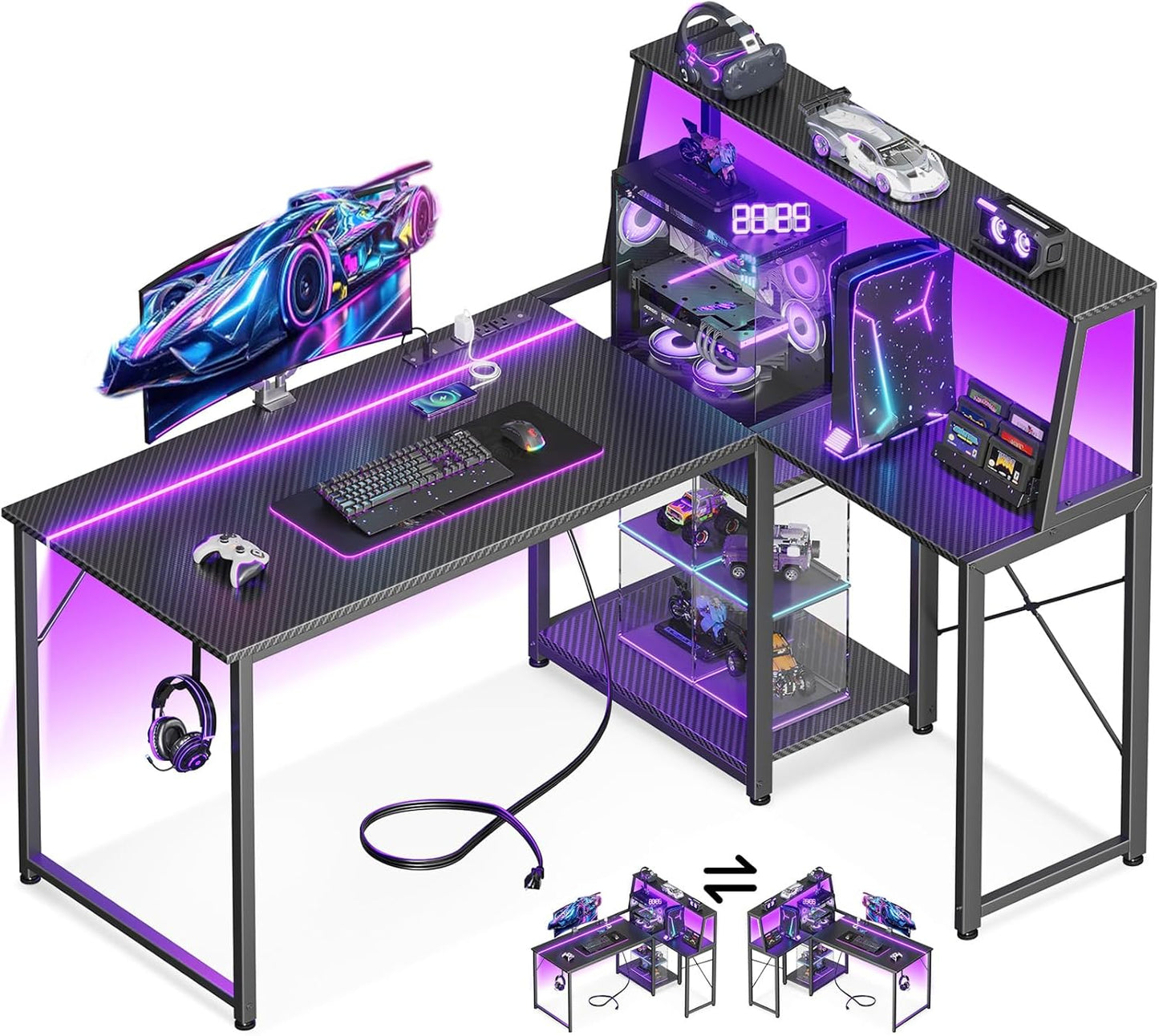 45 Inch L Shaped Gaming Desk with Power Outlet & LED Lights, Computer Table with Corner Desktop Showcase for CPU Stand, Display Storage Shelf, Carbon Fiber Surface, Black