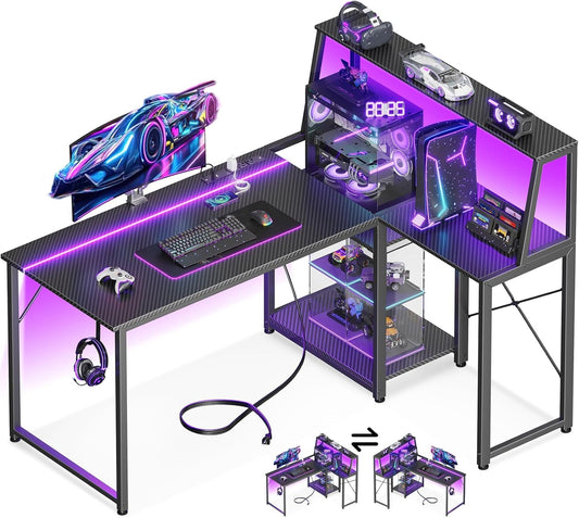 45 Inch L Shaped Gaming Desk with Power Outlet & LED Lights, Computer Table with Corner Desktop Showcase for CPU Stand, Display Storage Shelf, Carbon Fiber Surface, Black
