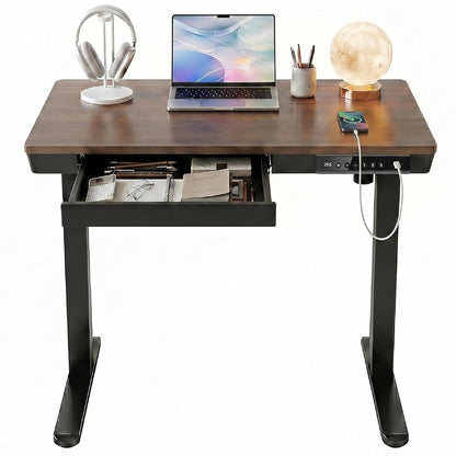 35 X 20 Inch Standing Desk with Drawers, Electric Adjustable Height Desk, Quick Install One-Piece Tabletop with USB Charging Ports, Sit to Stand Up Desk for Home Office, Black Walnut
