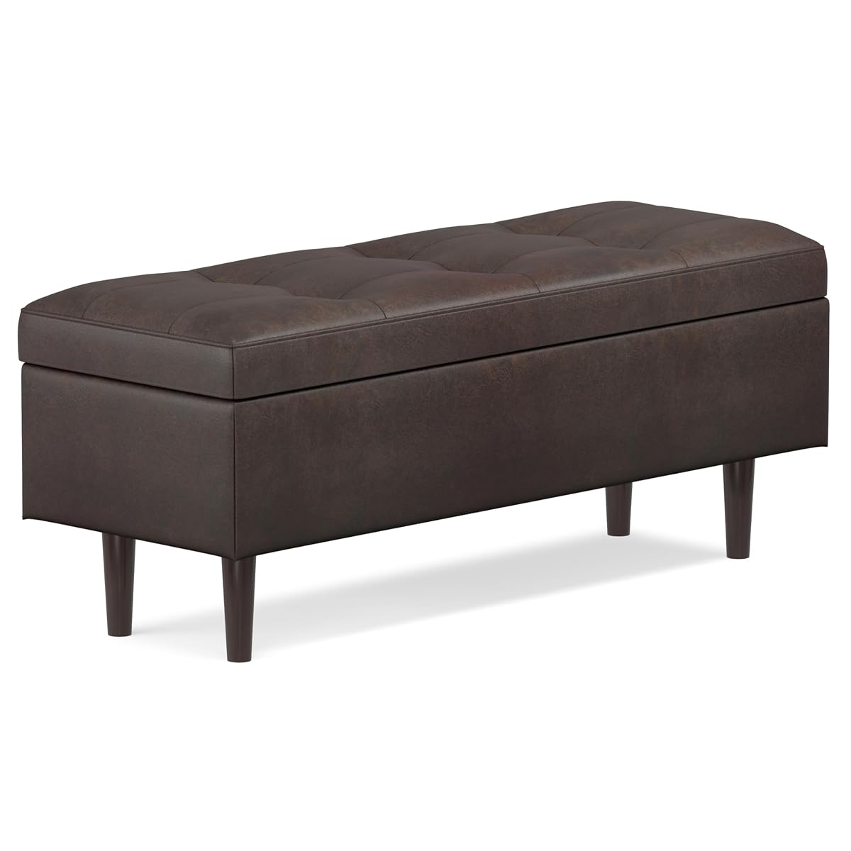 Shay 48 inch Wide Mid Century Modern Rectangular Storage Ottoman in Distressed Chestnut Brown Vegan Faux Leather, Assembled, For the Living Room, Entryway and Family Room
